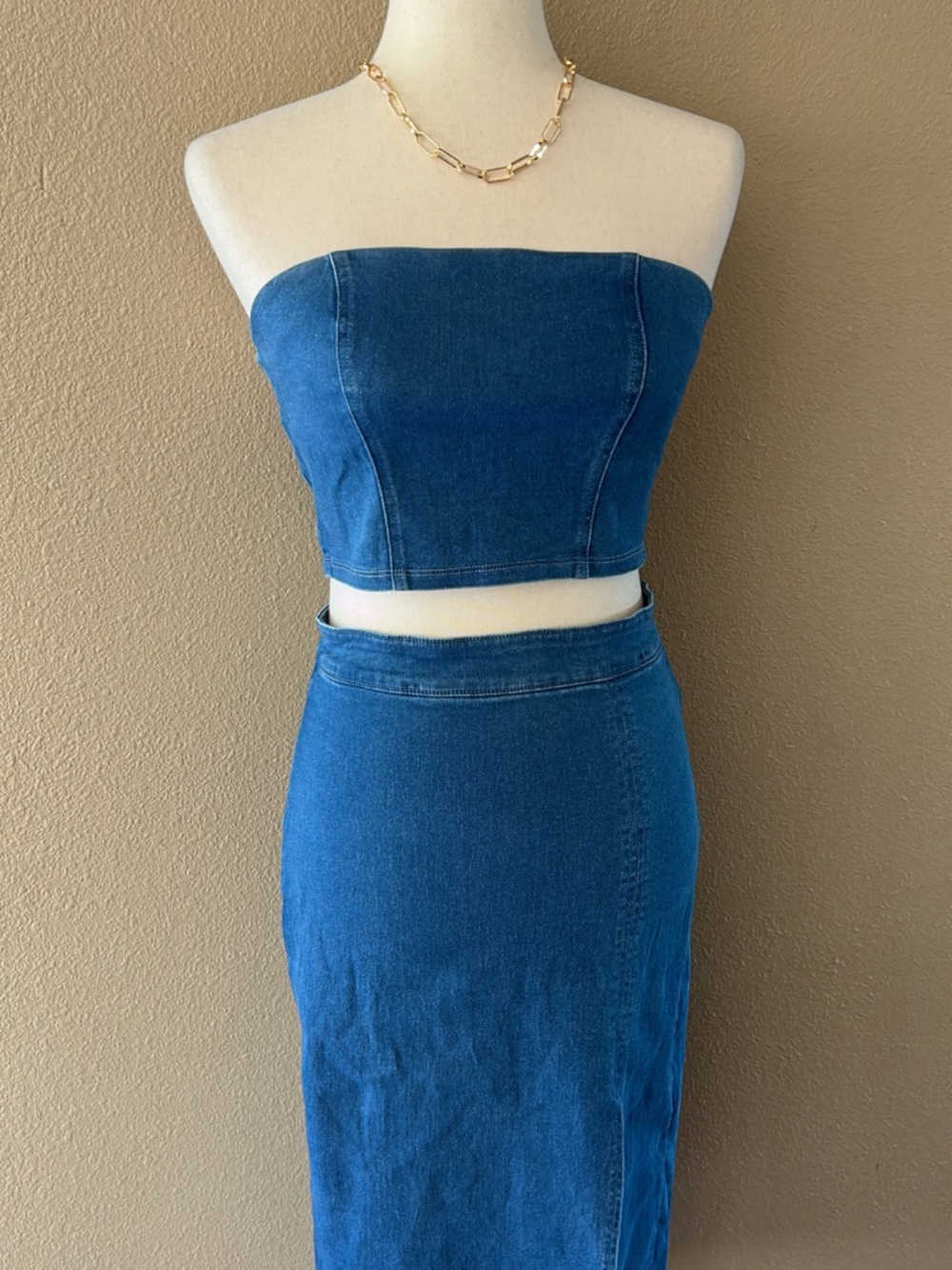 Haute Monde Blue Denim Midi Pencil Skirt with Front Slit - Picture 6 of 12